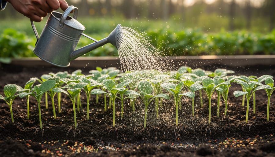 Watering can pouring water over small vegetable seedlings in a garden bed.