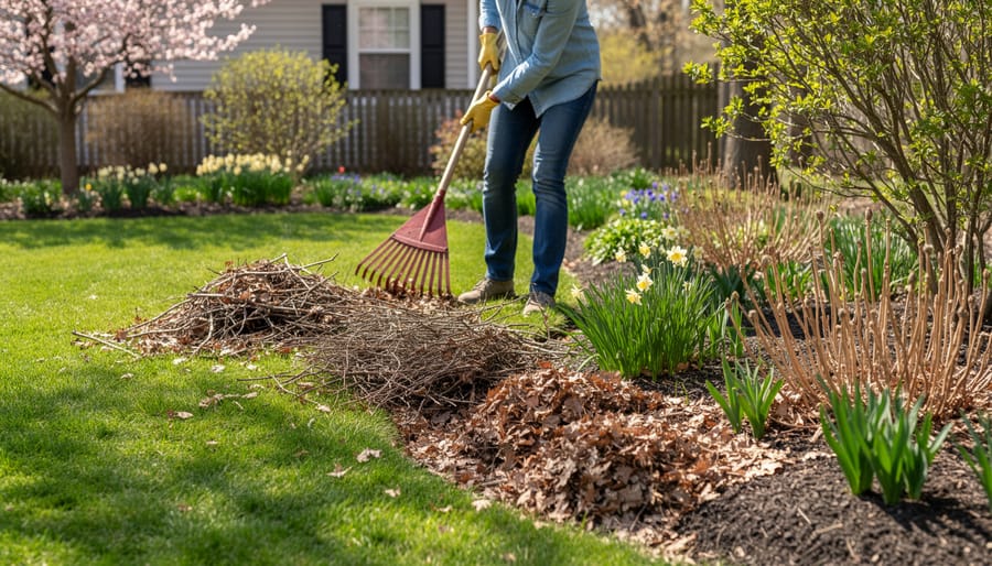 Garden cleanup with rake and gloves in a spring-ready bed, showing some leaf litter left in a corner