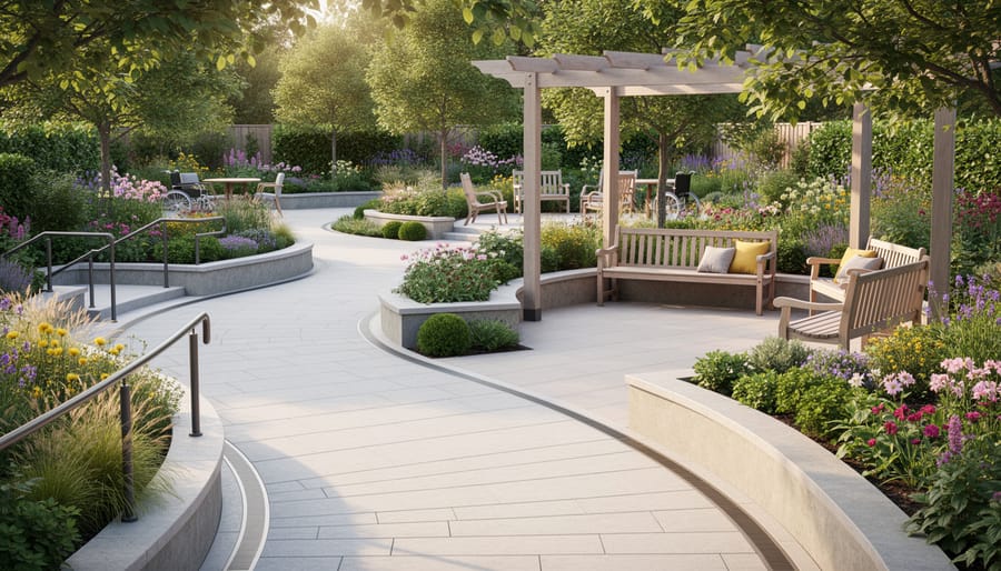 Accessible therapeutic garden path with raised planters and a bench surrounded by flowering shrubs