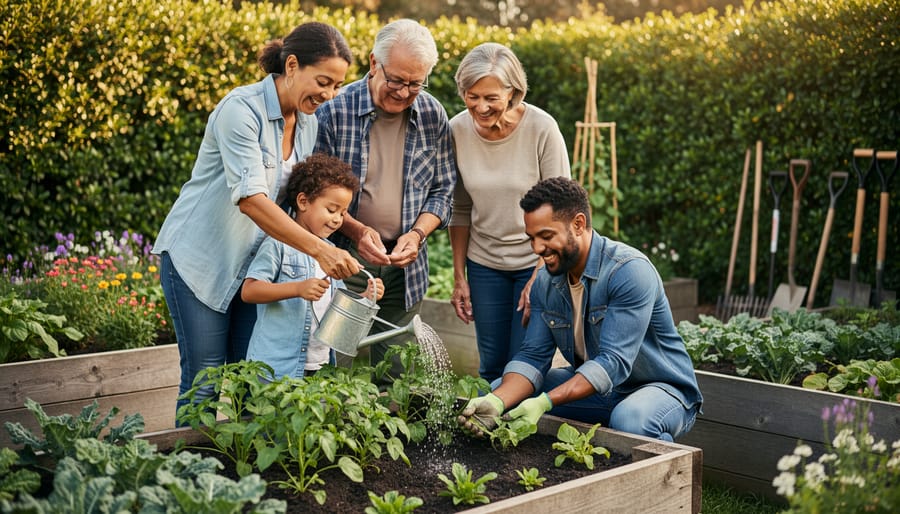 People gathered in a community garden, seated near planters and watering plants together