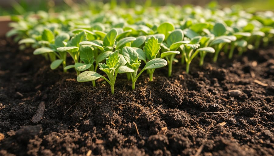 Garden soil being amended with compost using a shovel and garden fork around young plants
