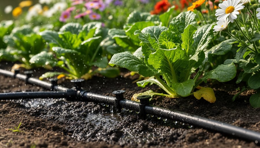 Drip irrigation tubing delivering water to a garden bed with healthy plants