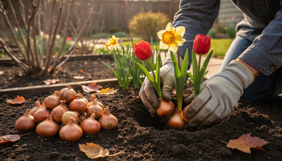 Gardener placing spring bulbs into a fall dug trench with soil and autumn garden leaves nearby