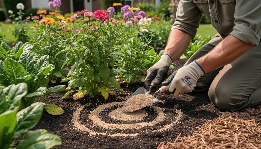 Gardener using a broadcast spreader to apply fertilizer across a blooming flower bed.