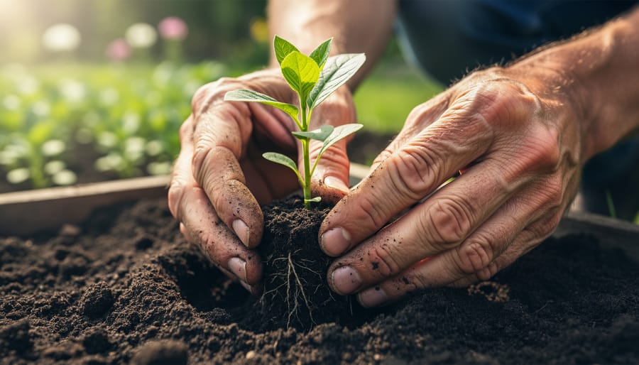 Gardener hand-transplanting a small seedling into dark soil in a raised garden bed