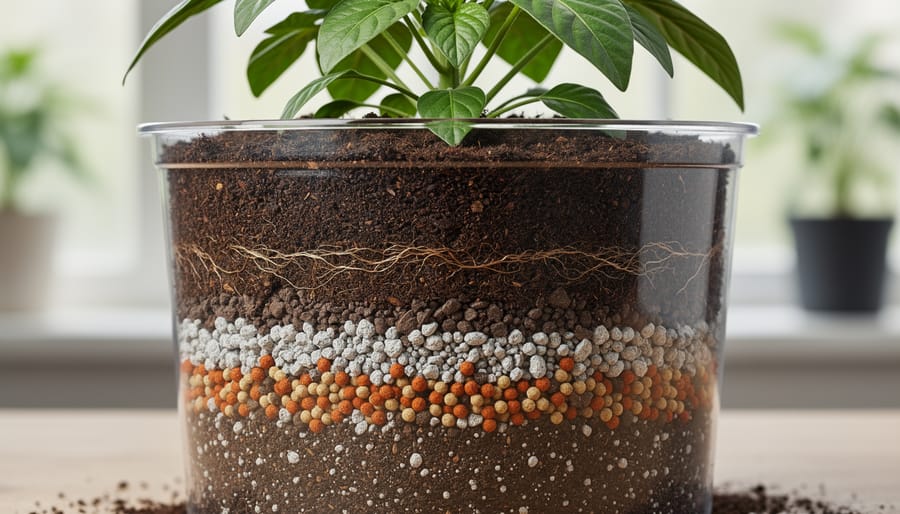Hand holding dark, crumbly soil mixed with fine fertilizer grains for plant nutrition.