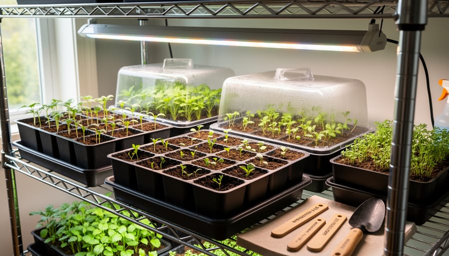 Close-up of small seedlings growing in seed-starting trays under warm grow lights with a gardener’s hands nearby