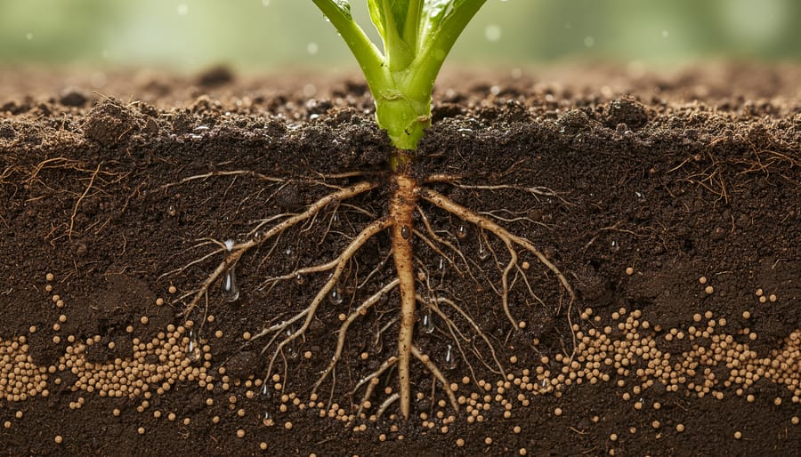 Close-up of moist soil in the root zone with water soaking the ground beside healthy plants.