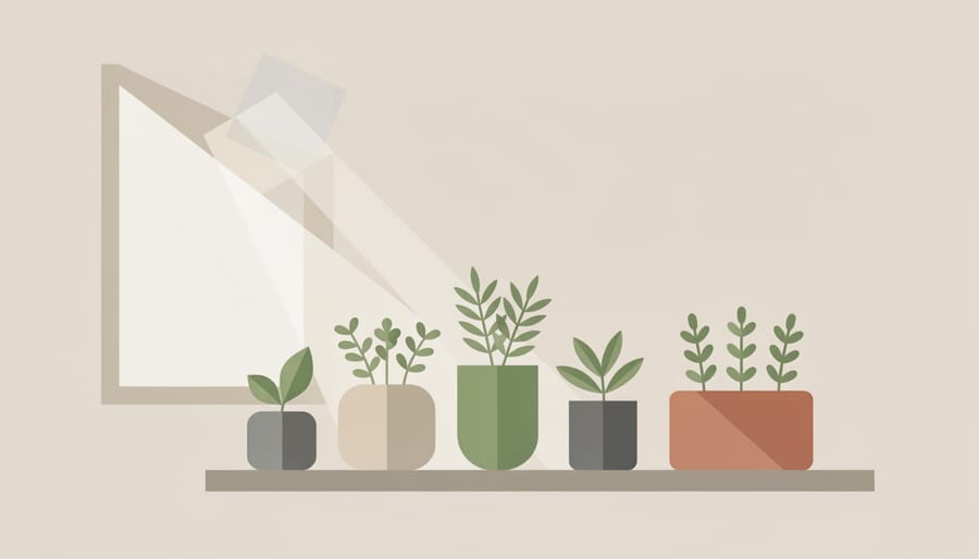 Fresh herbs growing near a watering can in a quiet garden setting with soft morning light