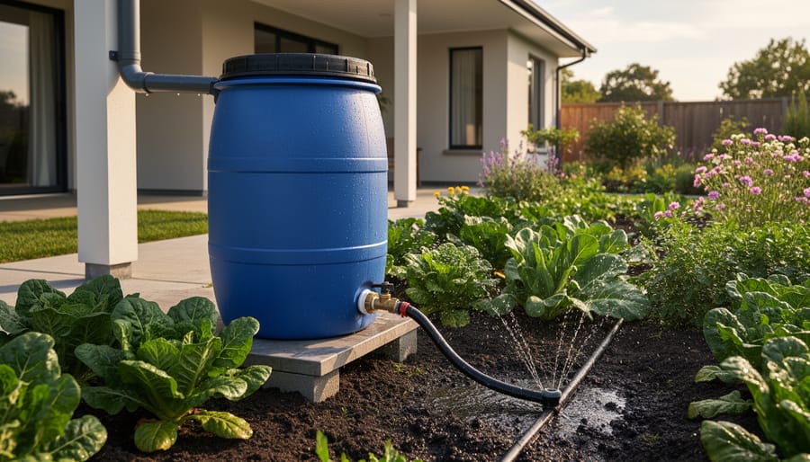 Gardener adjusting a valve connected to a rain barrel in a home garden