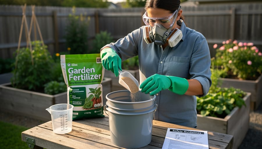 Gardener wearing gloves and protective eyewear pouring fertilizer into a measuring scoop outdoors.