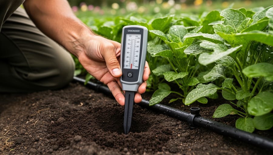 Hands inserting a soil moisture probe into dark garden soil near mulch and irrigation lines