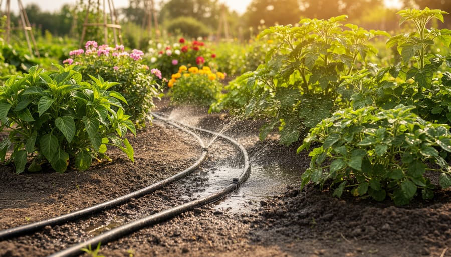Soaker hose being adjusted beside flowering plants and mulched soil in a sunny summer garden